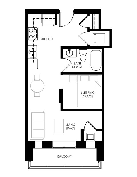 A black and white image of a floor plan for a small apartment.